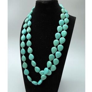 Long Howlite Teardrop Stone Bead Necklace 44" Dyed Turquoise Hand Knotted Heavy